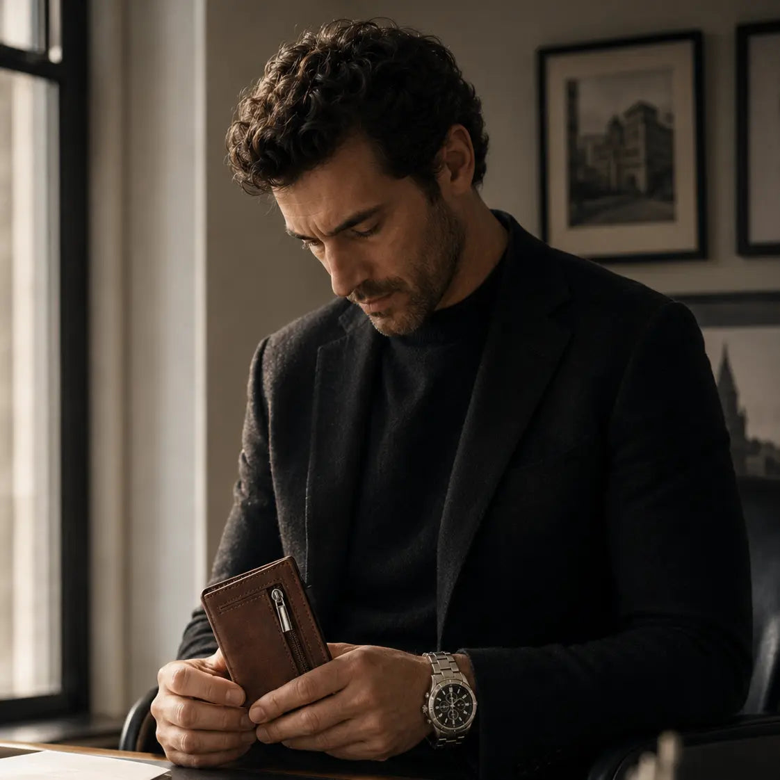 Tesoro Trovato wallet held in hand with tracker card inside